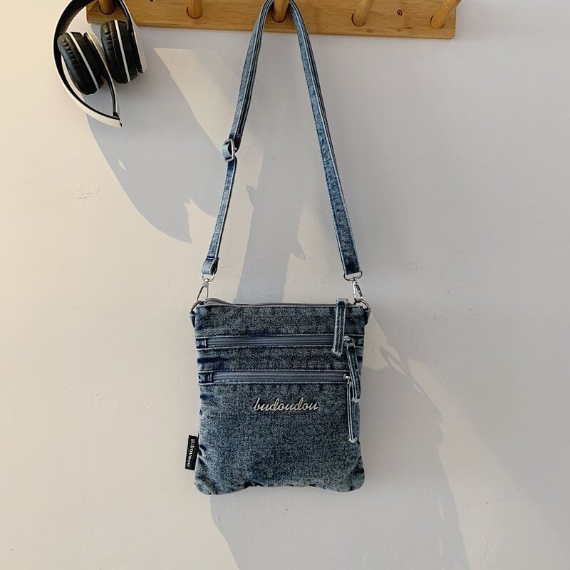 Washed Denim Zip Crossbody Bag