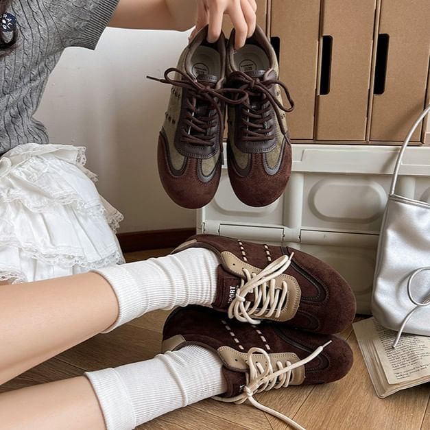 Two Tone Lace-Up Faux Suede Sneakers
