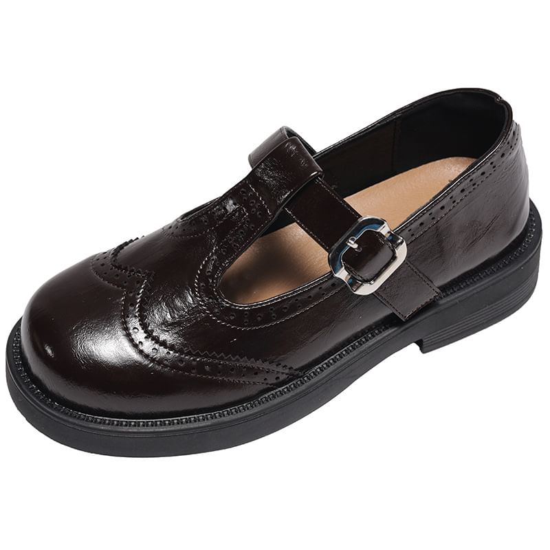 Platform T-Strap Faux Leather Wingtip Brogue Mary Jane Shoes