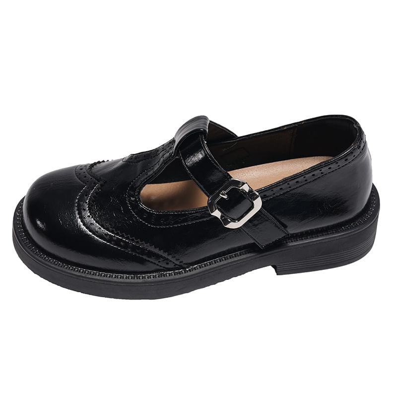 Platform T-Strap Faux Leather Wingtip Brogue Mary Jane Shoes