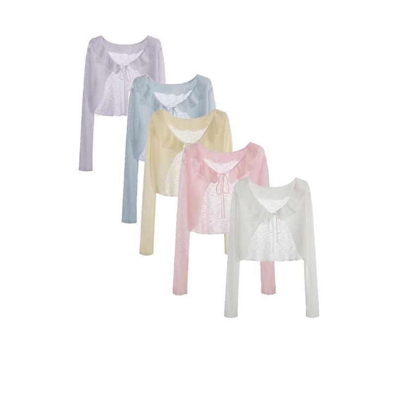 V-Neck Plain Ruffle Ribbed Tie Front Cardigan