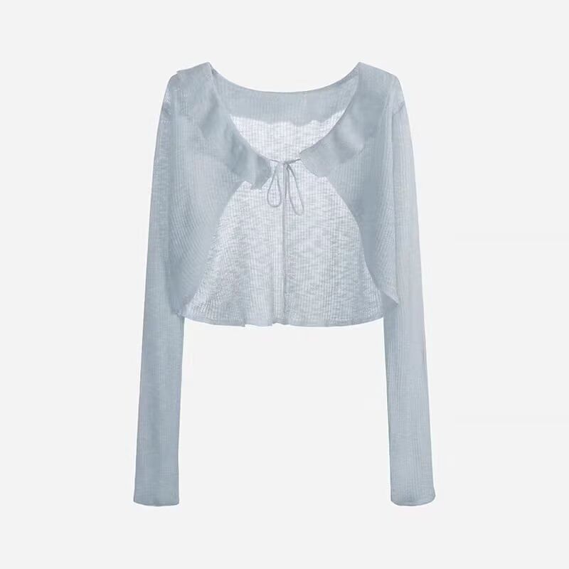 V-Neck Plain Ruffle Ribbed Tie Front Cardigan