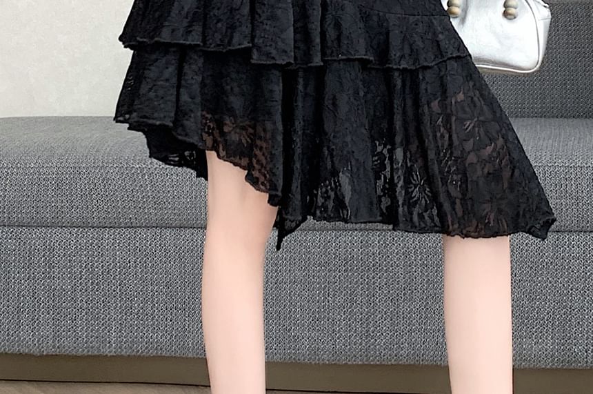 Mid Waist Lace Asymmetrical A-Line Skirt