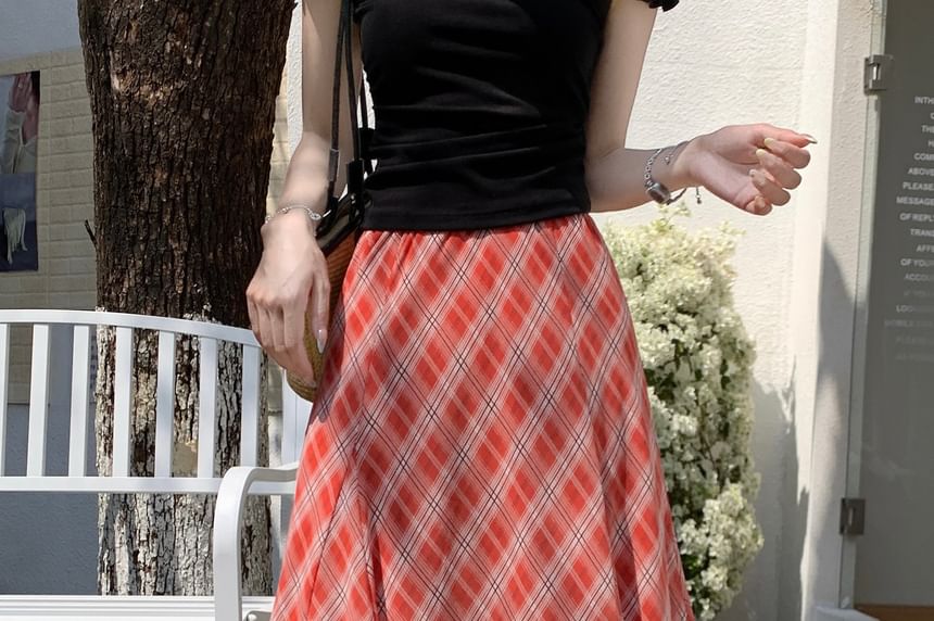 High Waist Plaid Maxi A-Line Skirt