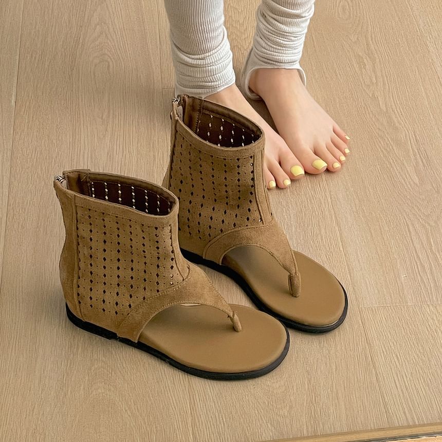 Perforated Faux Suede Ankle Cuff Hidden Wedge Thong Sandals