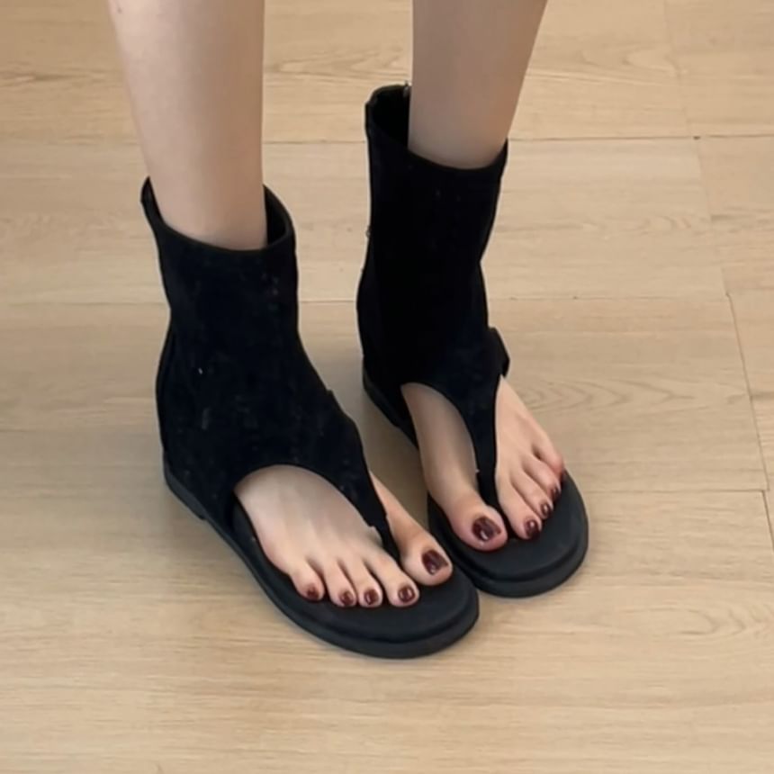 Perforated Faux Suede Ankle Cuff Hidden Wedge Thong Sandals