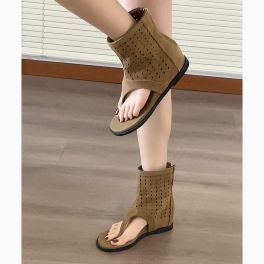 Perforated Faux Suede Ankle Cuff Hidden Wedge Thong Sandals