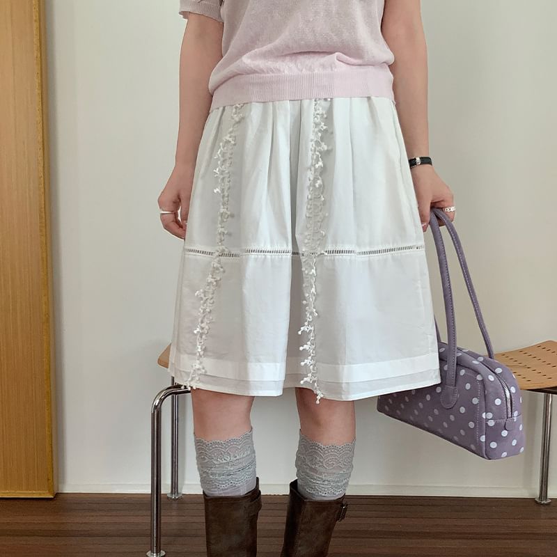 Mid Rise Plain Lace Trim A-Line Skirt