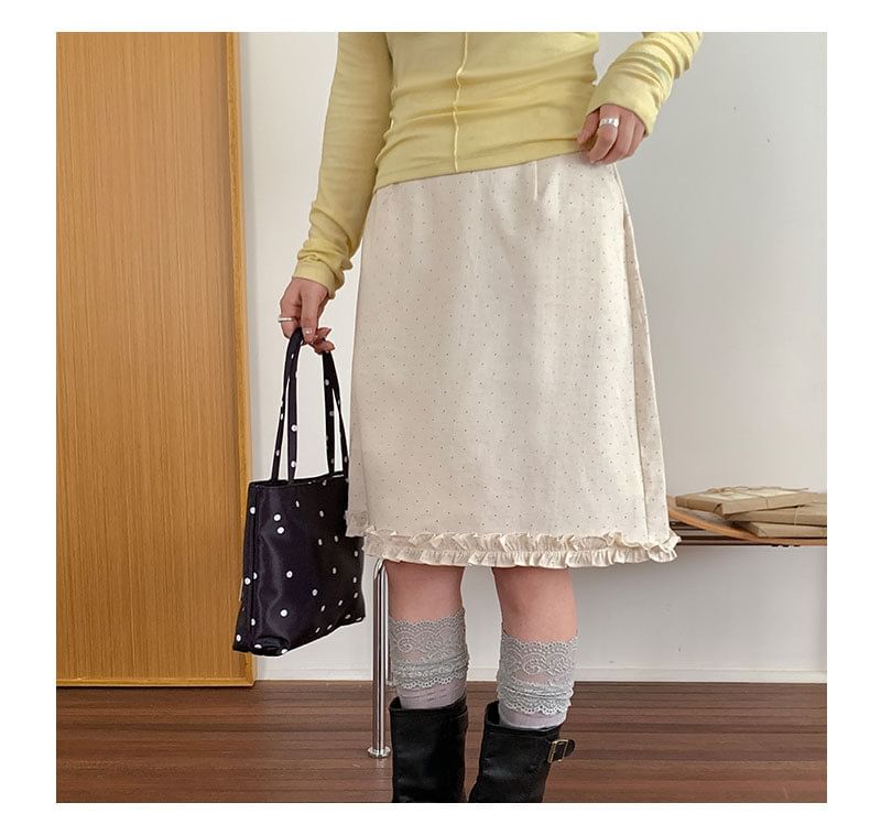 Mid Rise Dotted Ruffle Trim A-Line Skirt