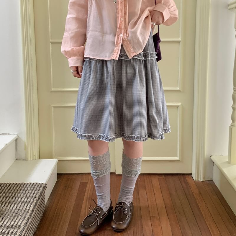 High Waist Plaid Ruffle Trim A-Line Skirt
