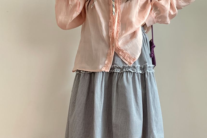 High Waist Plaid Ruffle Trim A-Line Skirt