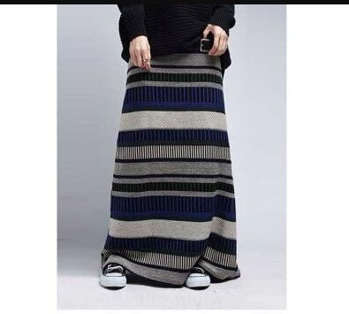 Mid Rise Striped Knit Maxi A-Line Skirt