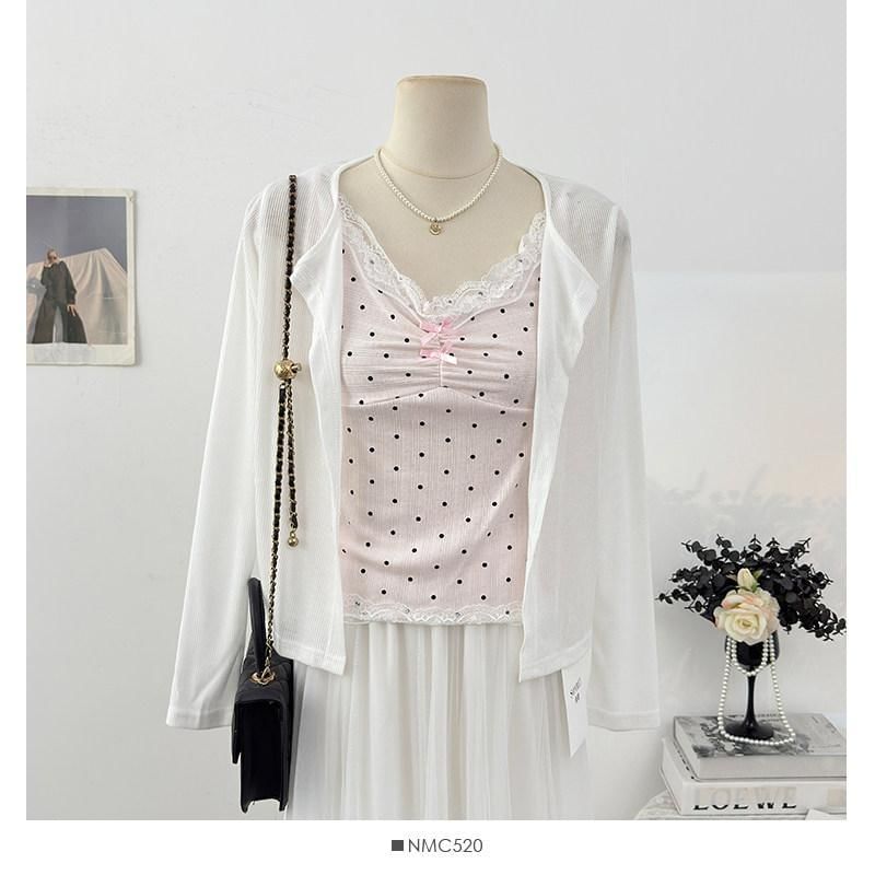 Set: V-Neck Dotted Camisole Top + Plain Cardigan