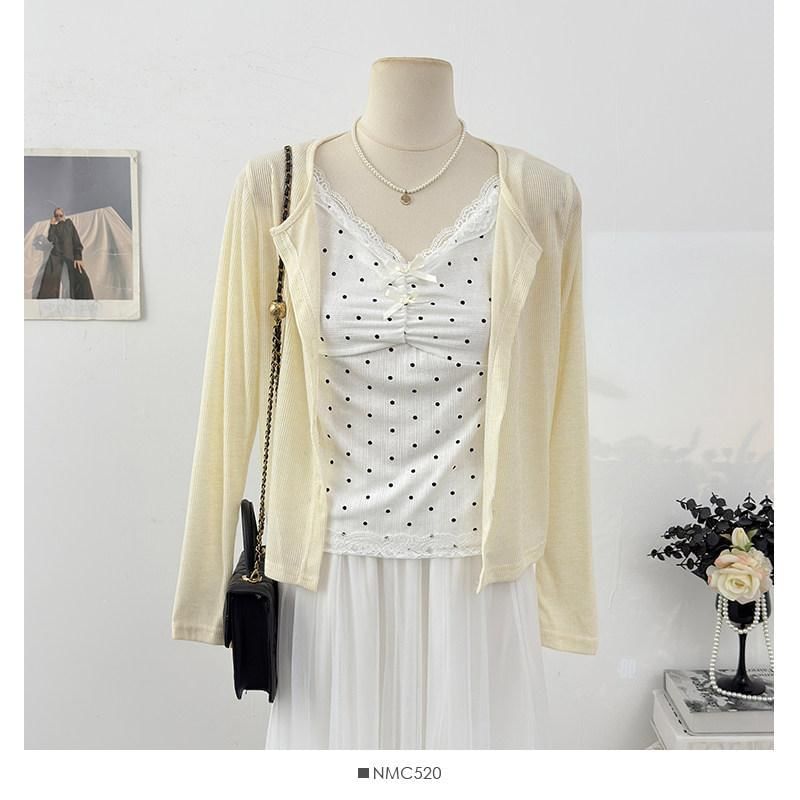 Set: V-Neck Dotted Camisole Top + Plain Cardigan