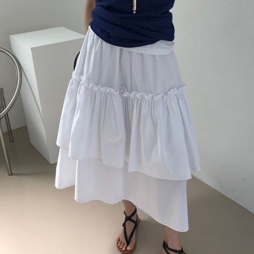 High Waist Striped Ruffled Tiered Midi A-Line Skirt