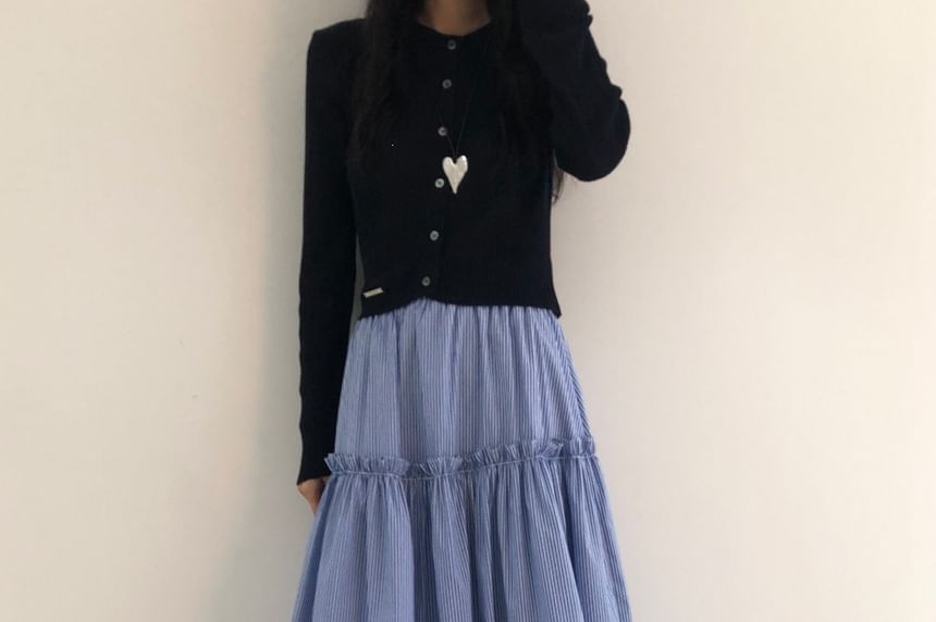 High Waist Striped Ruffled Tiered Midi A-Line Skirt