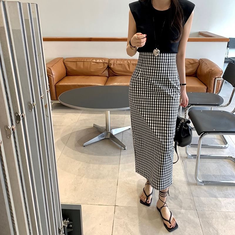 High Waist Gingham Slit Maxi Pencil Skirt