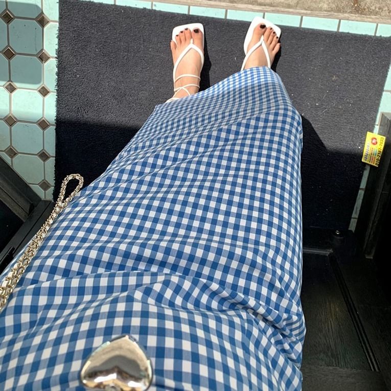 High Waist Gingham Slit Maxi Pencil Skirt