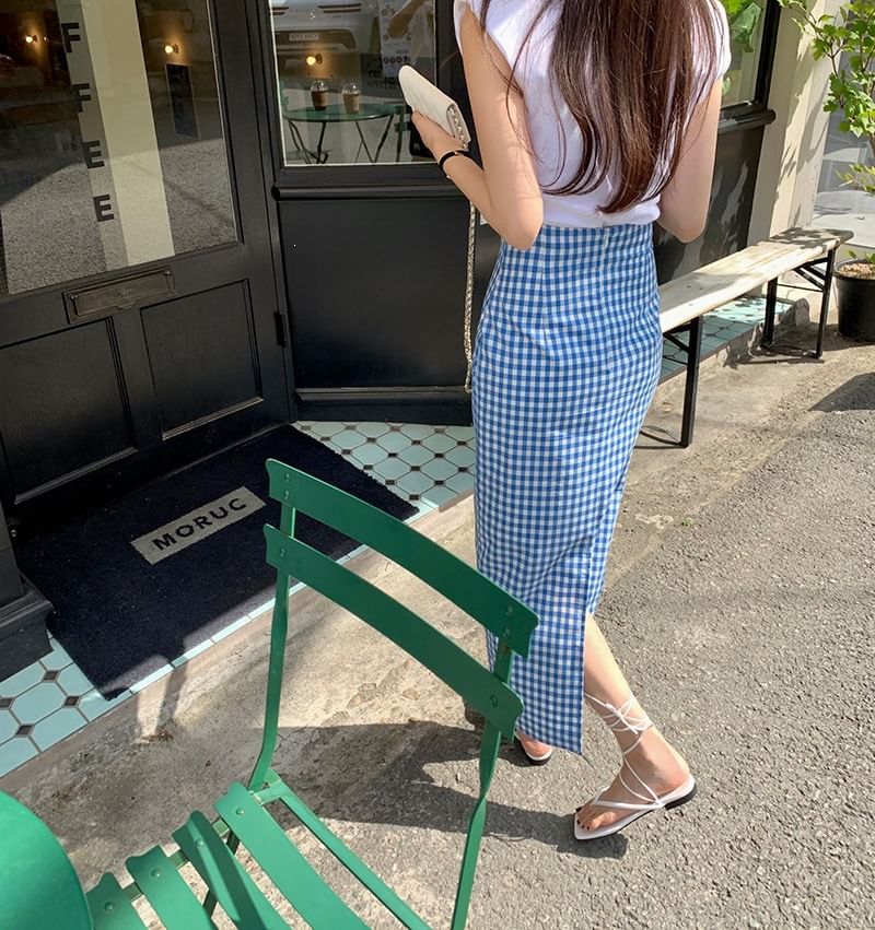 High Waist Gingham Slit Maxi Pencil Skirt