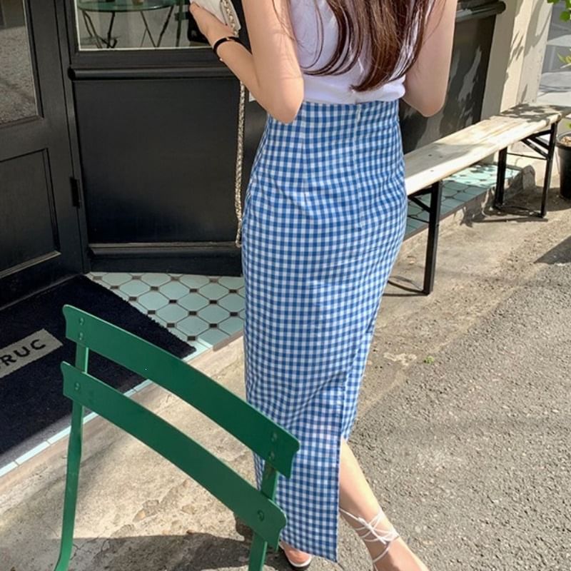 High Waist Gingham Slit Maxi Pencil Skirt