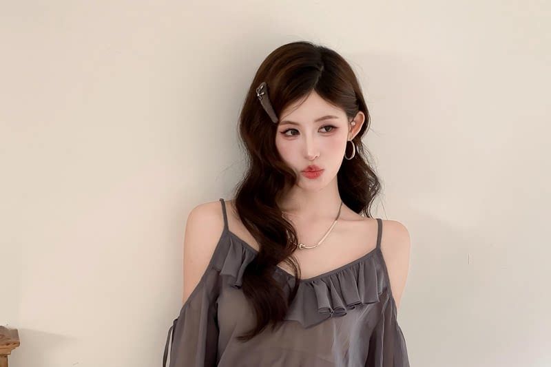 Set: Long-Sleeve V-Neck Cold Shoulder Plain Ruffle Trim Sheer Crop Blouse + High Waist Tiered Mini A-Line Skirt