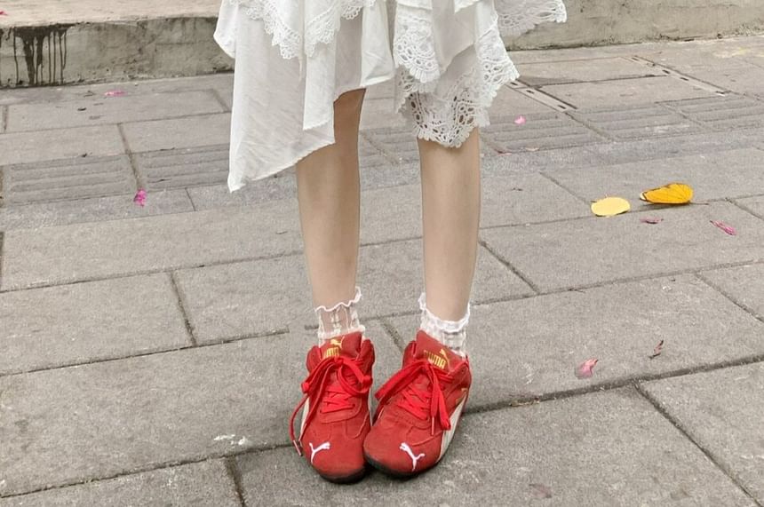 High Waist Asymmetrical Lace Panel Layered A-Line Skirt