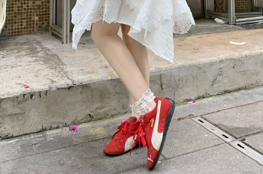 High Waist Asymmetrical Lace Panel Layered A-Line Skirt
