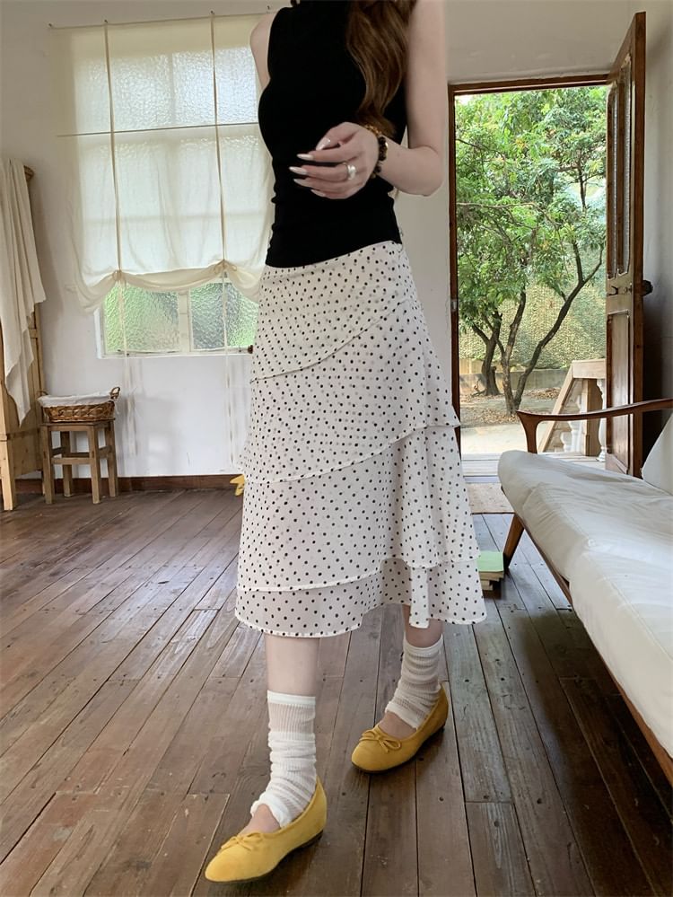 Mid Waist Dotted Midi Tiered Skirt