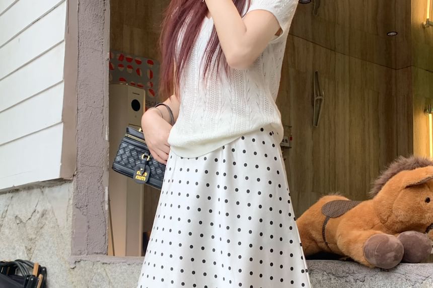 High Waist Polka Dot Overlay Midi A-Line Skirt