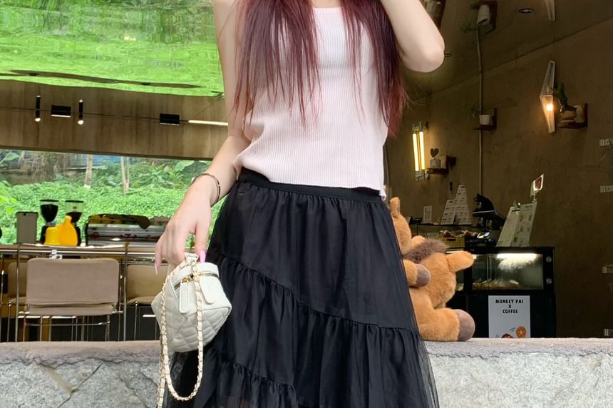 Mid Waist Asymmetrical Sheer A-Line Skirt