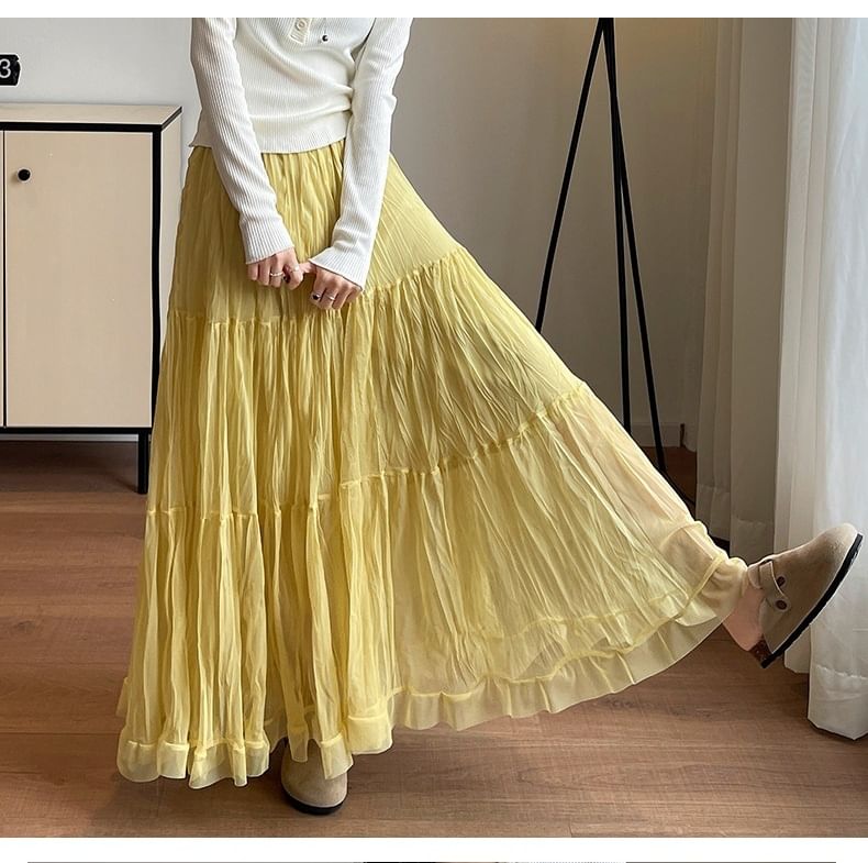 Mid Waist Plain Maxi A-Line Skirt