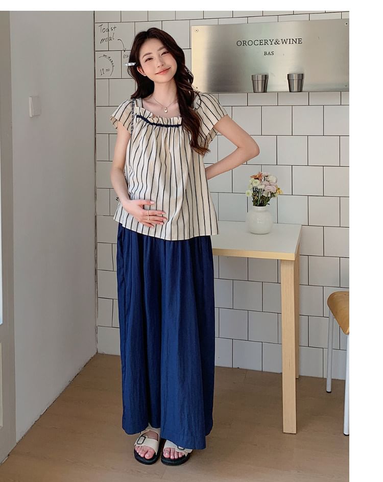 Maternity Ruffle Top with Square Neck and Wide Leg Pants