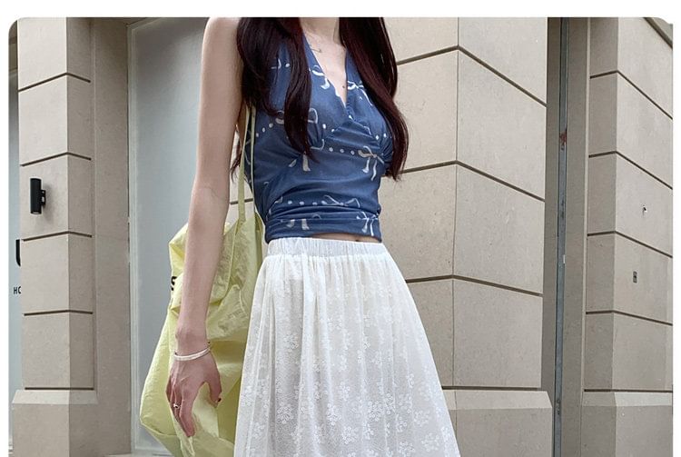 High Waist Plain Ruffle Panel Lace Maxi A-Line Skirt