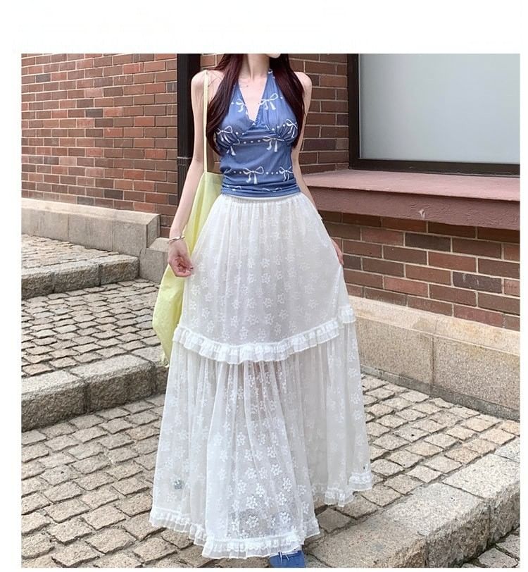 High Waist Plain Ruffle Panel Lace Maxi A-Line Skirt