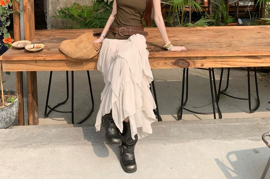 Round Neck Plain Cutout Back Tank Top / High Waist Plain Ruffle Asymmetrical Maxi A-Line Skirt / Studded Belt / Set