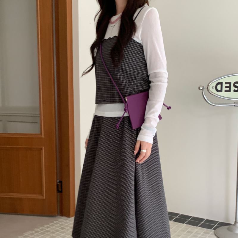Set: Plaid Crop Camisole + Midi A-Line Skirt