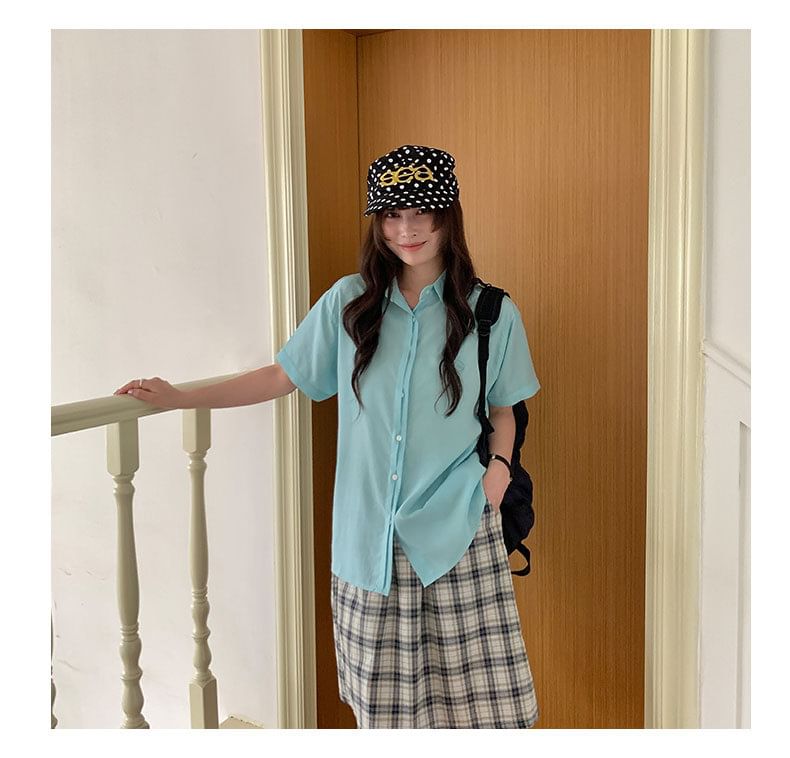 Button-Up Shirt with Collar and Short Sleeves