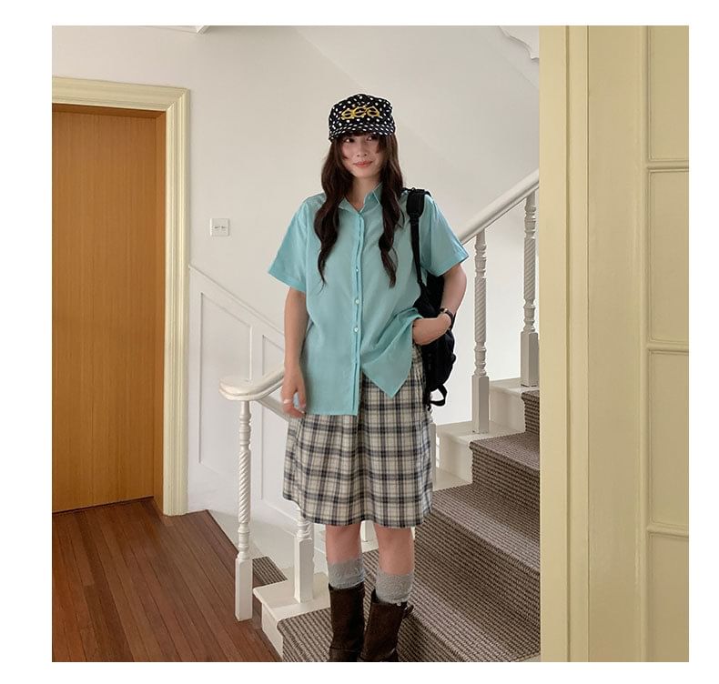 Button-Up Shirt with Collar and Short Sleeves