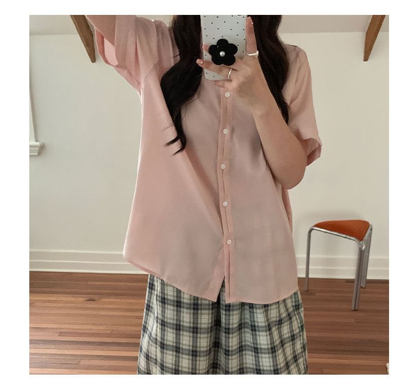 Button-Up Shirt with Collar and Short Sleeves