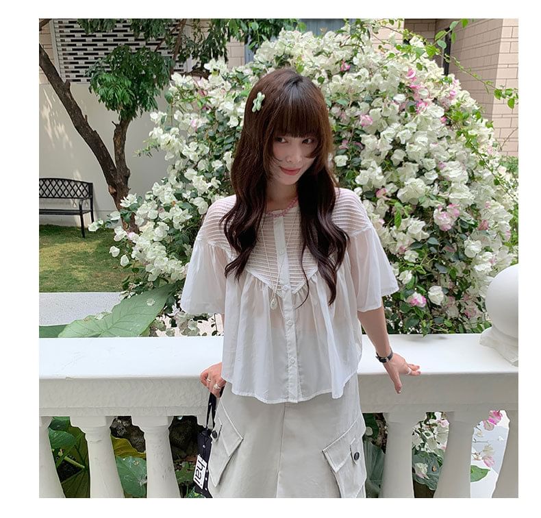 Ruched Blouse with Round Neck and Short Sleeves