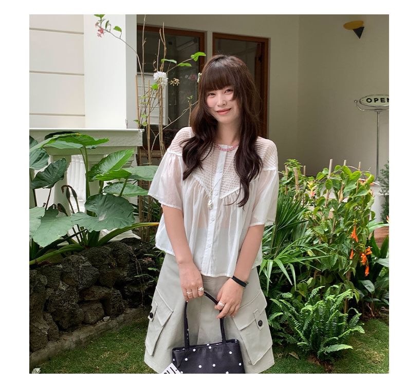 Ruched Blouse with Round Neck and Short Sleeves