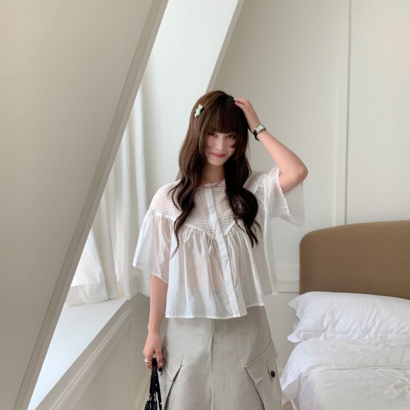 Ruched Blouse with Round Neck and Short Sleeves
