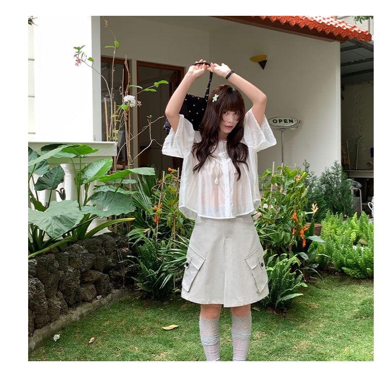 Ruched Blouse with Round Neck and Short Sleeves