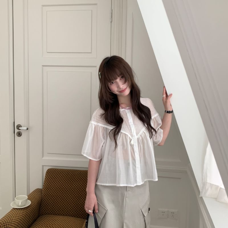 Ruched Blouse with Round Neck and Short Sleeves