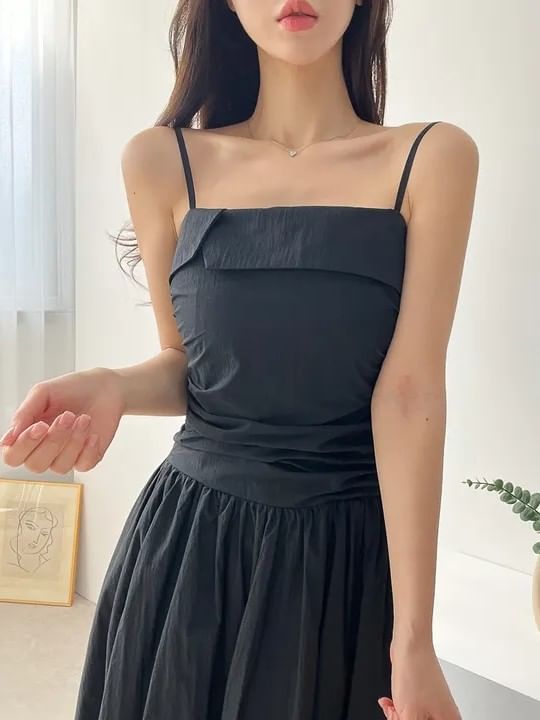 Spaghetti Strap Plain Ruched Maxi A-Line Dress