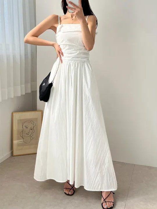 Spaghetti Strap Plain Ruched Maxi A-Line Dress