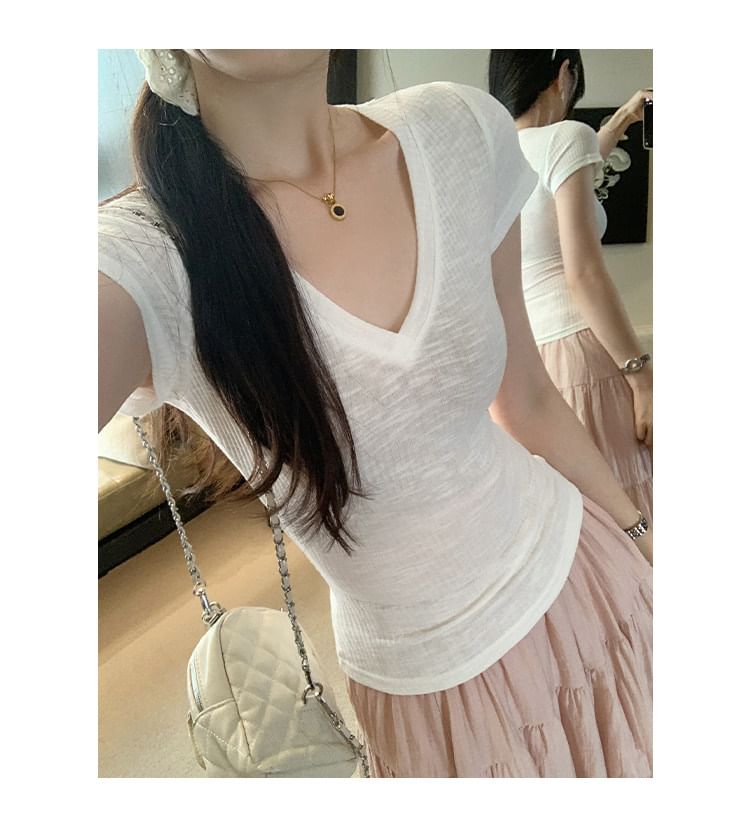 Sheer V-Neck Fitted Crop Tee
