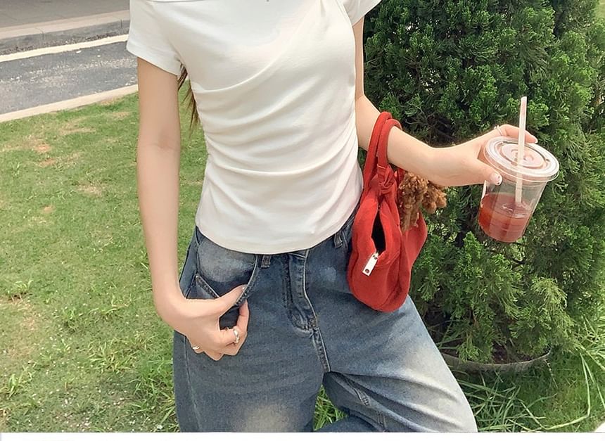 Asymmetric Ruch Off-Shoulder Crop Tee
