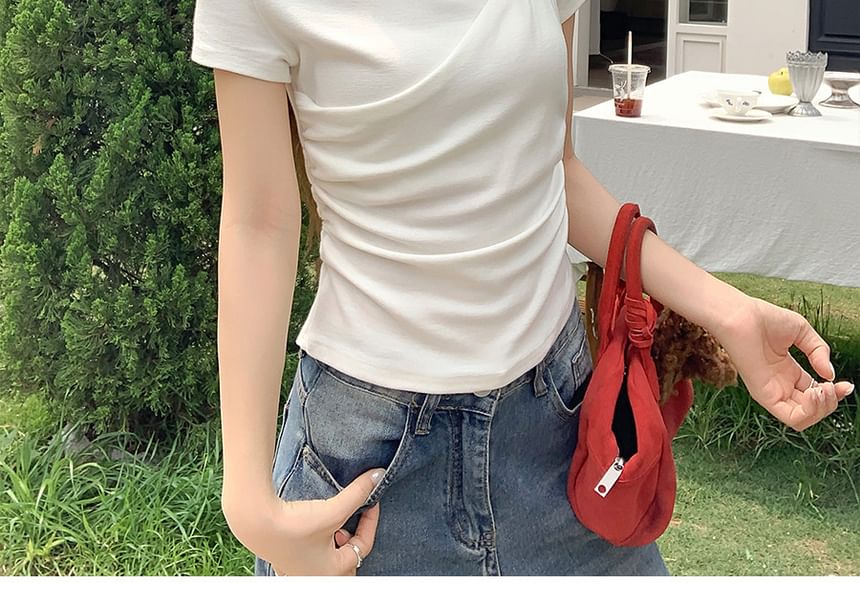 Asymmetric Ruch Off-Shoulder Crop Tee