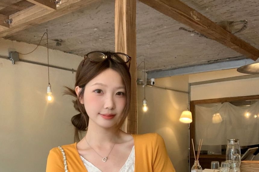 Lace Cutout Slit V-Neck Crop Tee